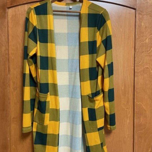 LONG Green and Gold Open Light Open Front Sweater (Duster) - S - Picture 4 of 6